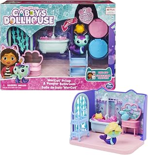Gabby’s Dollhouse, Primp and Pamper Bathroom with MerCat Figure, 3 Accessories and & 3 Furniture Pieces, Kids’ Toys for Ages 3+