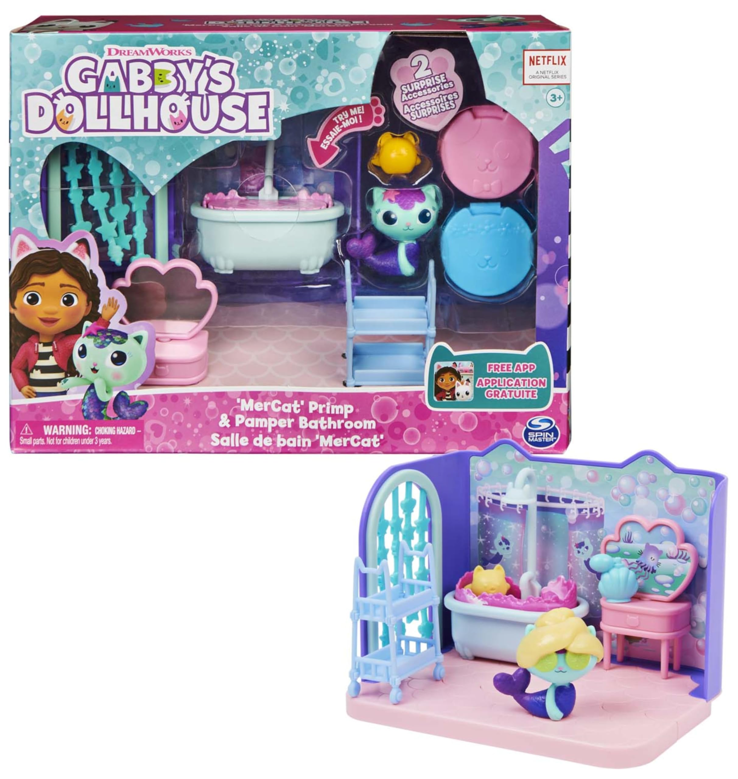 Gabby’s Dollhouse, Primp and Pamper Bathroom with MerCat Figure, 3 Accessories a