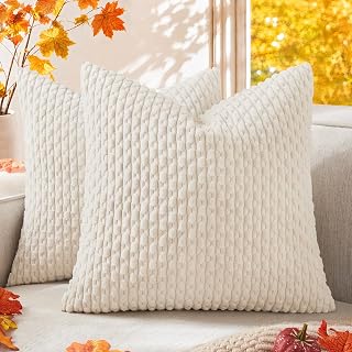 Kevin Textile Set of 2 Decorative Pillow Cover Solid Striped Corduroy Plush Velvet Boho Christmas Cushion Cover for Couch 50cm 20 x 20 Inch Cream