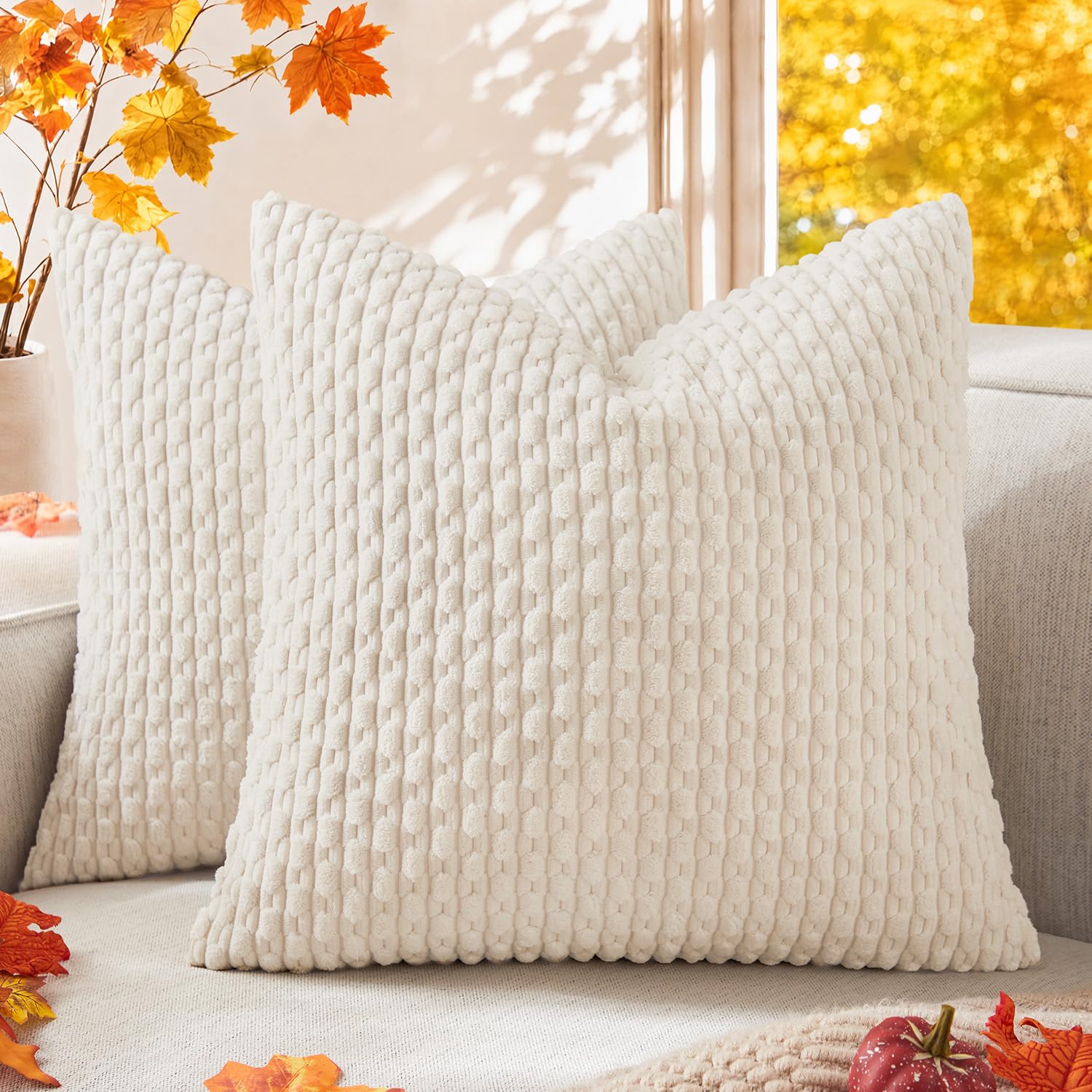 Kevin Textile Set of 2 Decorative Pillow Cover Solid Striped Corduroy Plush Velv
