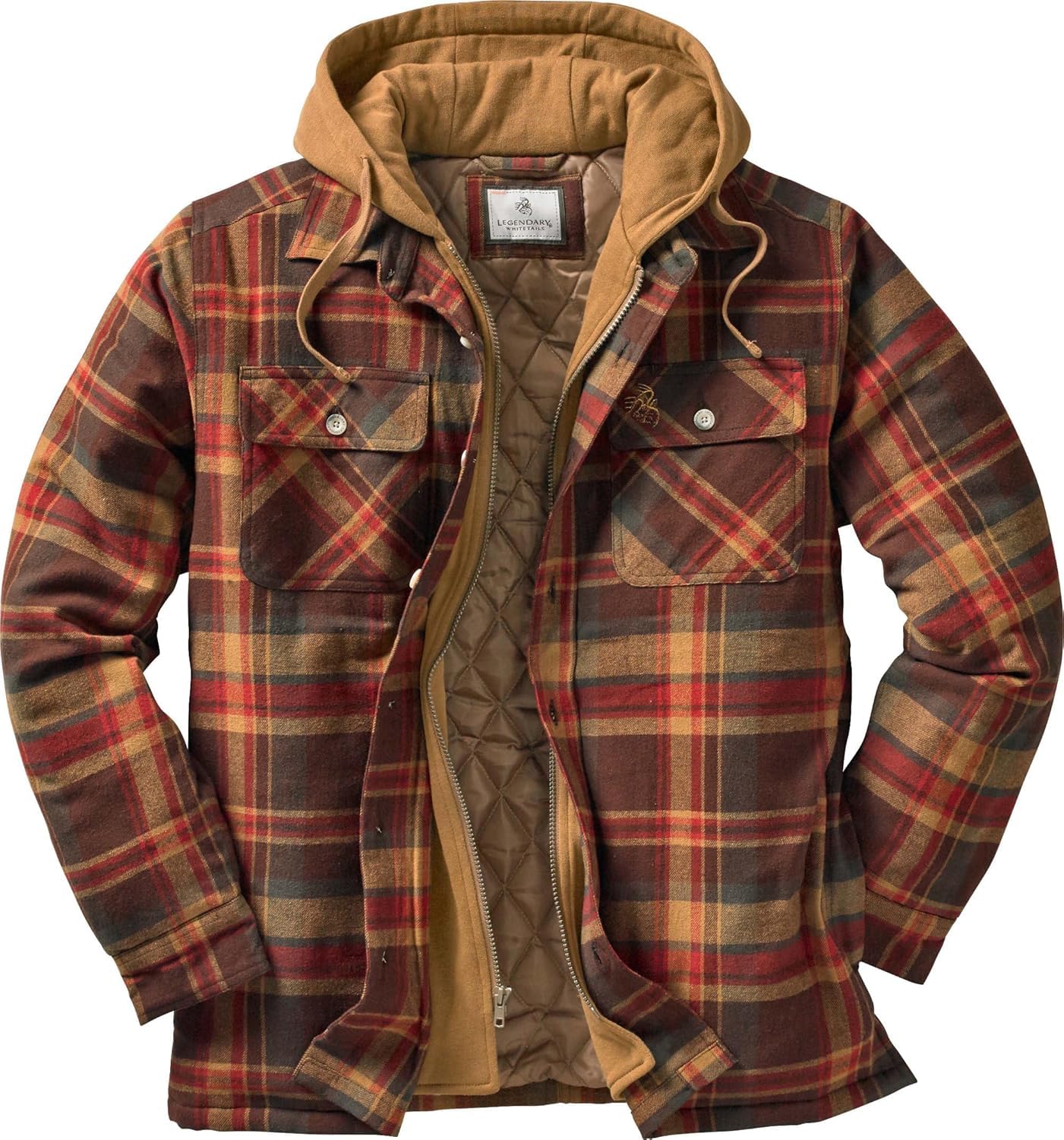 Legendary Whitetails Mens Plaid Flannel Shirt Jacket Quilted with Hood Polyfill 