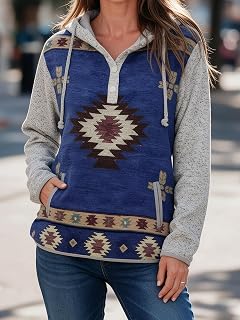 Women's Aztec Print Hoodie Long Sleeve Henley Neck Pullover Casual Western Tribal Sweatshirt