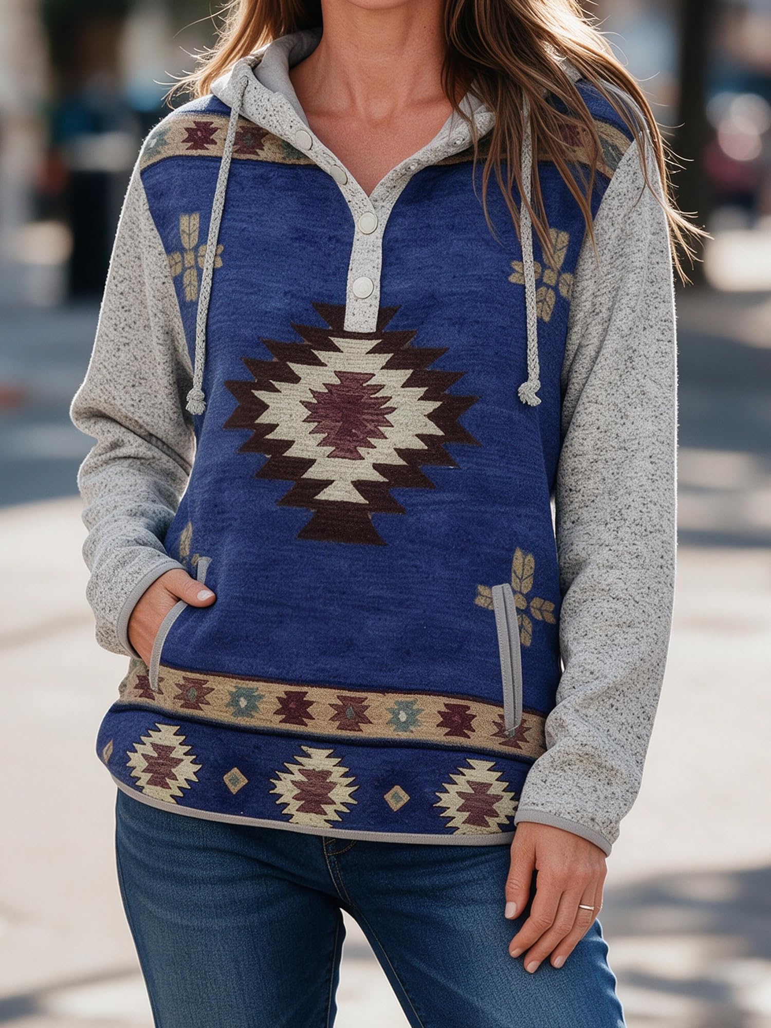 Women's Aztec Print Hoodie Long Sleeve Henley Neck Pullover Casual Western Triba