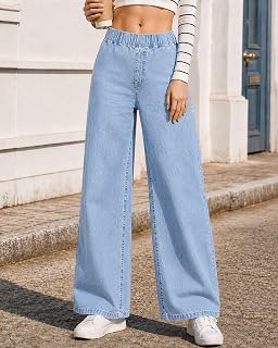 Women High Waist Elastic Waist Wide Leg Jeans Loose Denim Pants