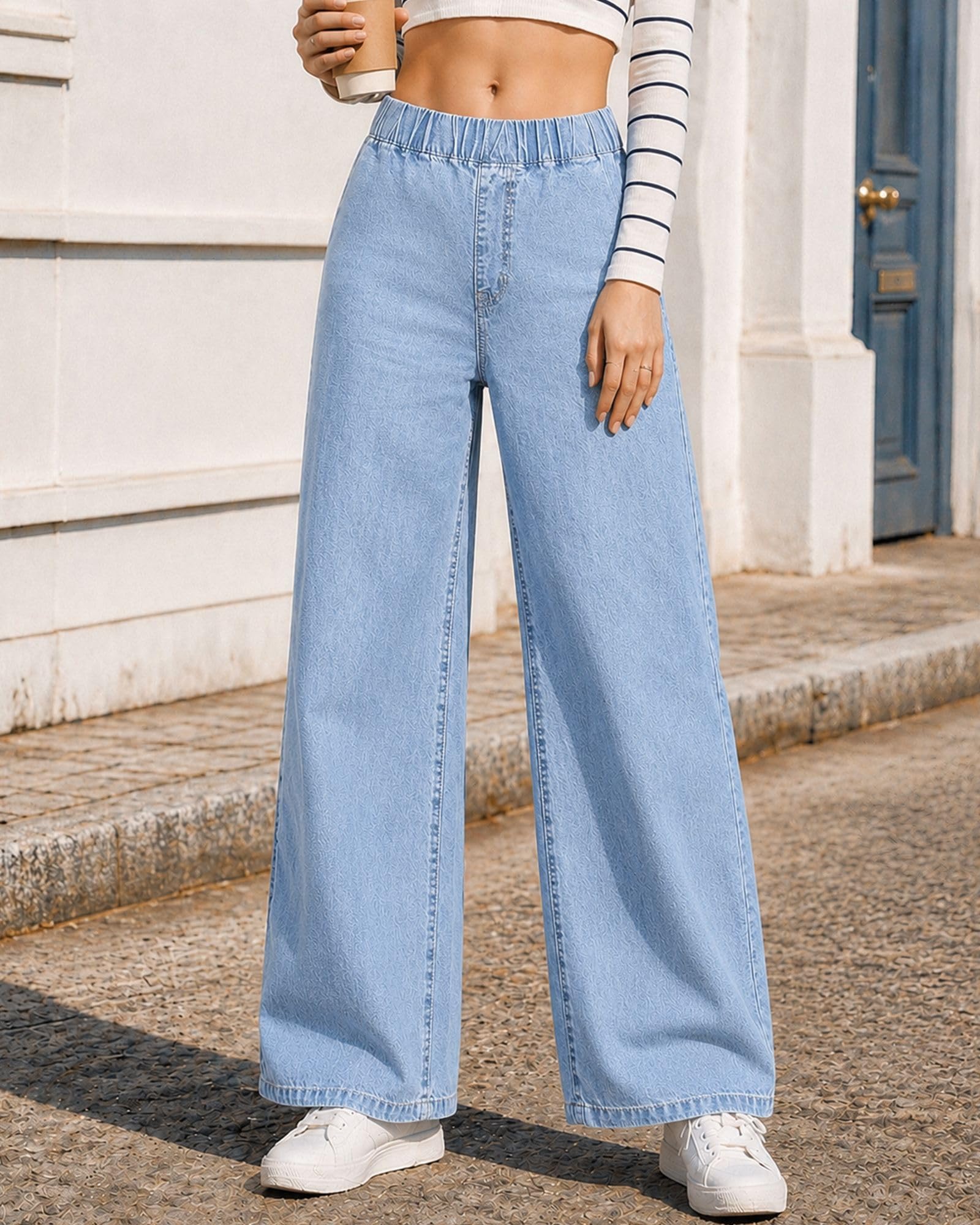 Women High Waist Elastic Waist Wide Leg Jeans Loose Denim Pants