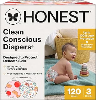 The Honest Company Daytime Diapers, Just Peachy, Size 3, 120 Count | Baby Diapers, Size 3 (16-28 Lbs), 120 Ct. Hypoallergenic, Fragrance-Free, Up To 100% Leak Protection, Plant-Based.