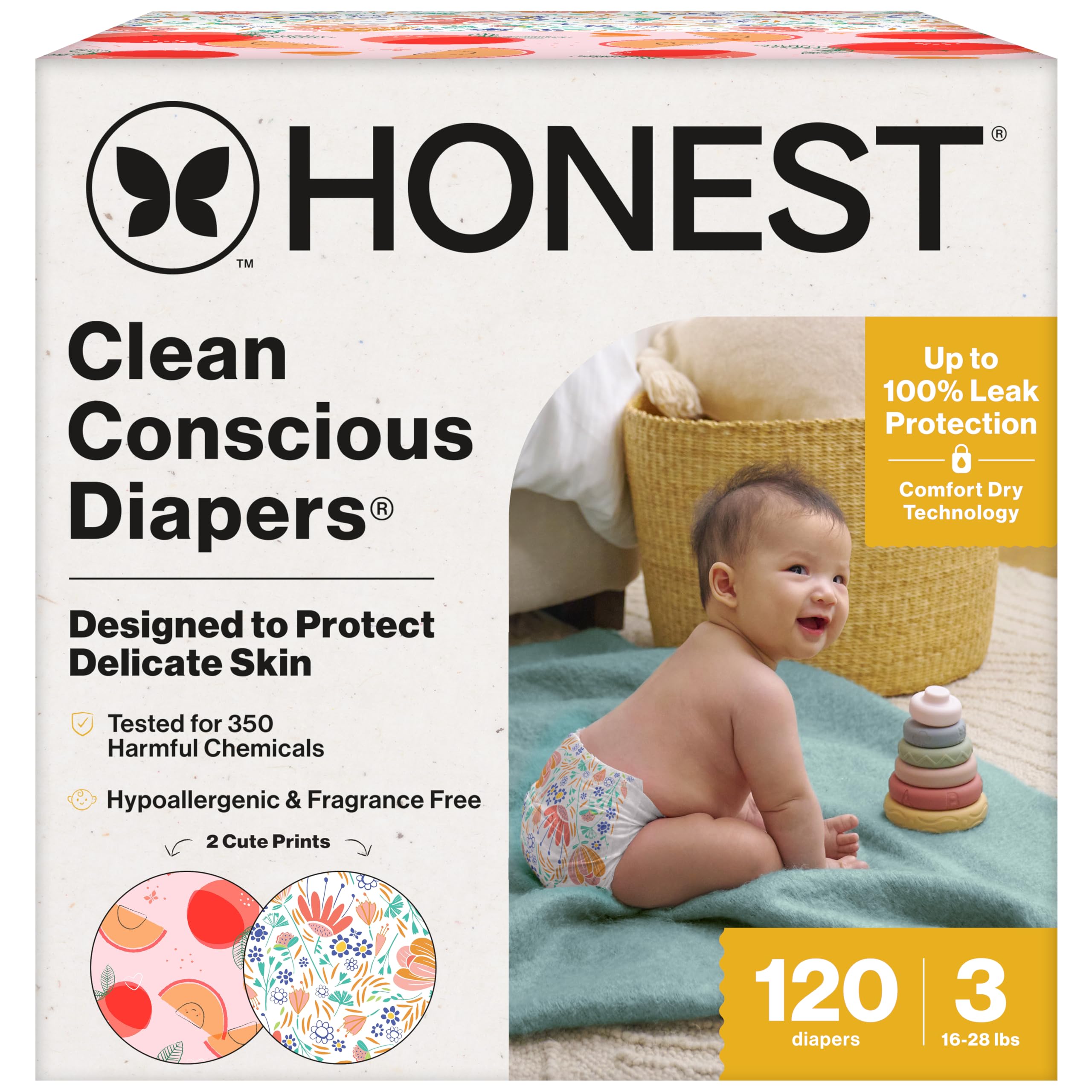 The Honest Company Daytime Diapers, Just Peachy, Size 3, 120 Count | Baby Diaper