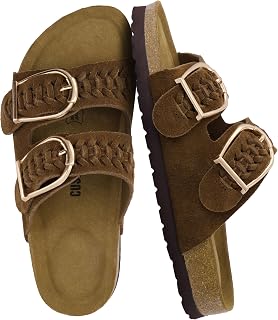 CUSHIONAIRE Cashew Slip On Suede Womens Sandals - Braided Double-Strap Design with Adjustable Big Buckle Sandals for Women