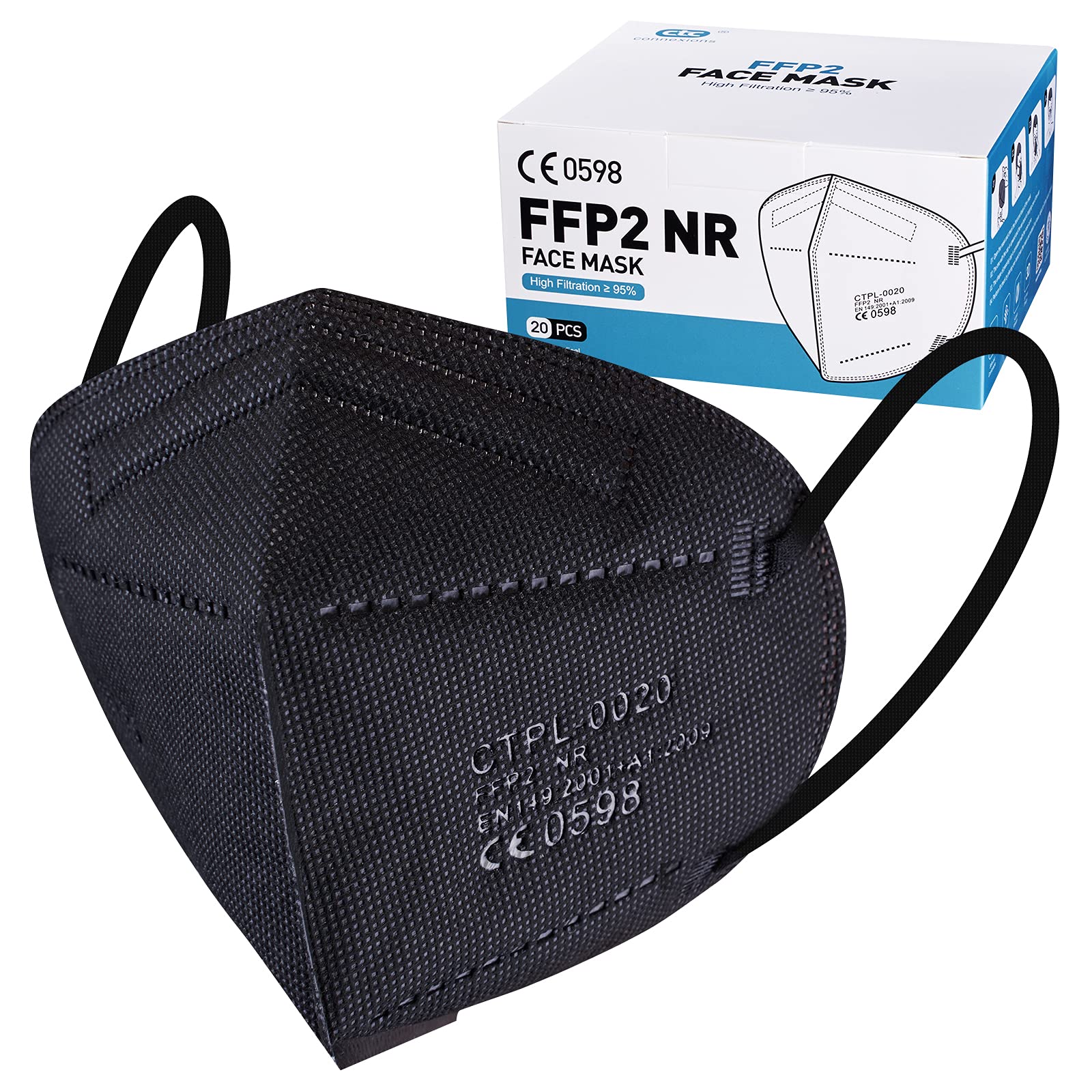 20pcs FFP2 Face Mask Black CE Certified KN95 Mask Filtration Rate ≥95% 5-Layer P