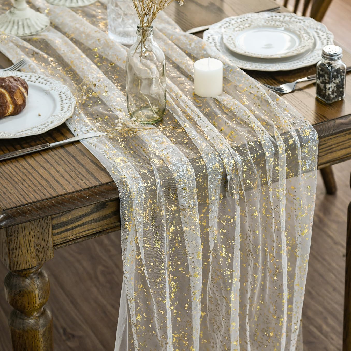 Artoid Mode Beige Gold Gauze Table Runner 120 Inch 10FT, Glitter Metallic Foil S