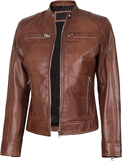 fjackets Real Leather Jacket Women - Genuine Lambskin Cafe Racer Moto Style Biker Jacket, Zip-Up Leather Jacket for Women