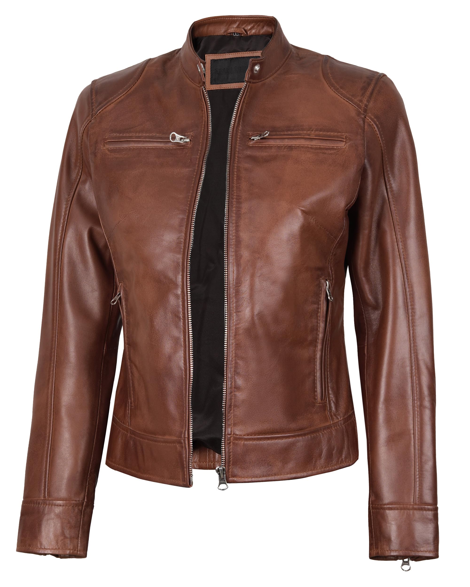 fjackets Real Leather Jacket Women - Genuine Lambskin Cafe Racer Moto Style Bike