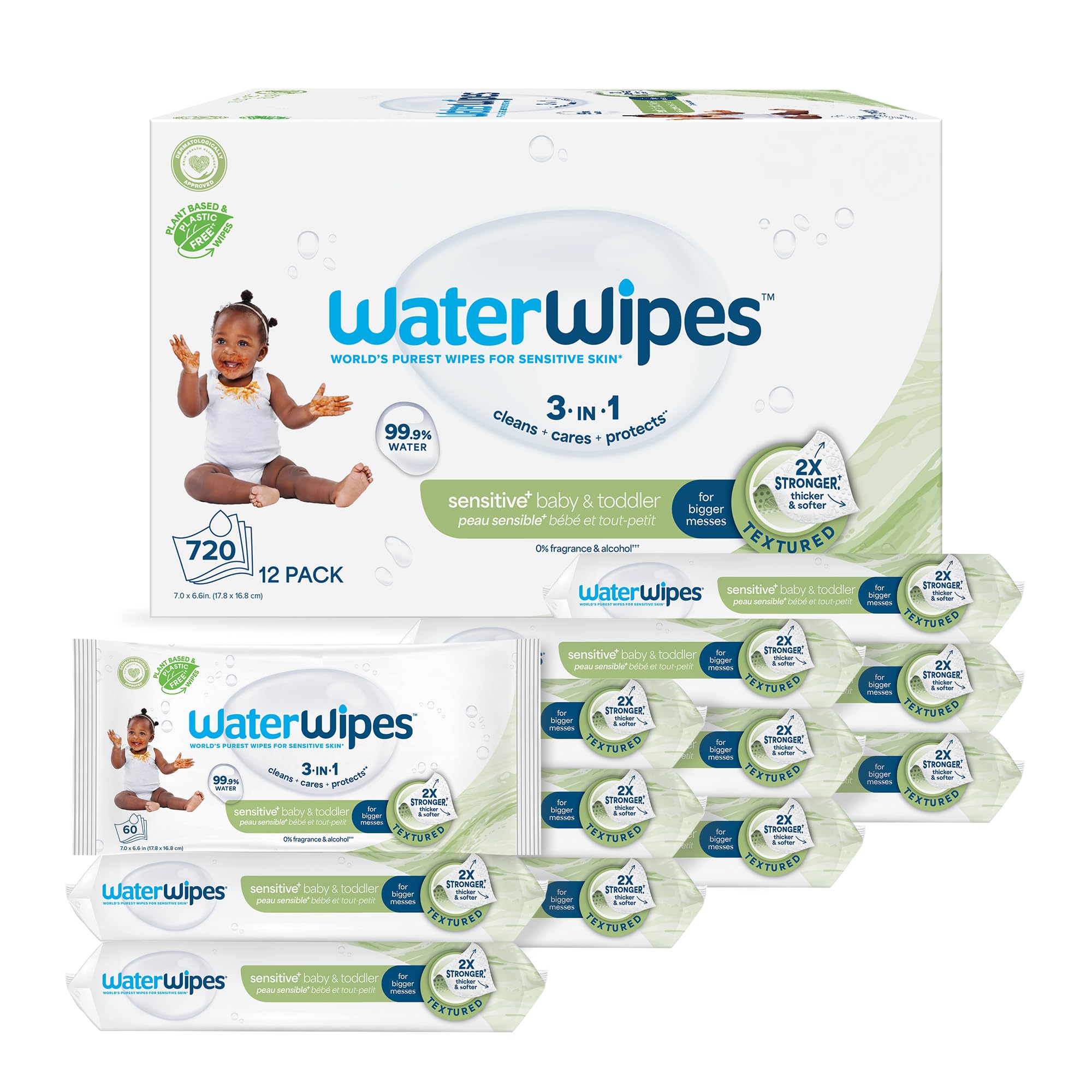 WaterWipes Sensitive+ Baby & Toddler Wipes, 3-In-1 Cleans, Cares, Protects, 99.9