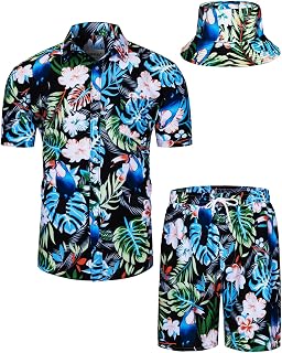 TUNEVUSE Men's Hawaiian Shirts and Shorts Set 2 Pieces Flower Print Beach Suits Summer Tropical Suit with Bucket Hats