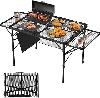WildFinder Folding Table with 2 Wing Panels, 3x2 FT Foldable Camping Table | Height Adjustable Folding Grill Table with Mesh Desktop & Mesh Bag, Portable Outdoor Table for Picnic,Camping,BBQ,Beach