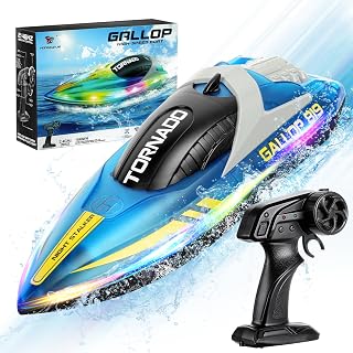 HOTUT RC Boat with LED Lights, 15 KmPh 2.4GHz Remote Control Boats for Pools and Lake, Capsize Recovery, 2 Rechargeable Batteries, Speed Boat Toy for Boys & Girls