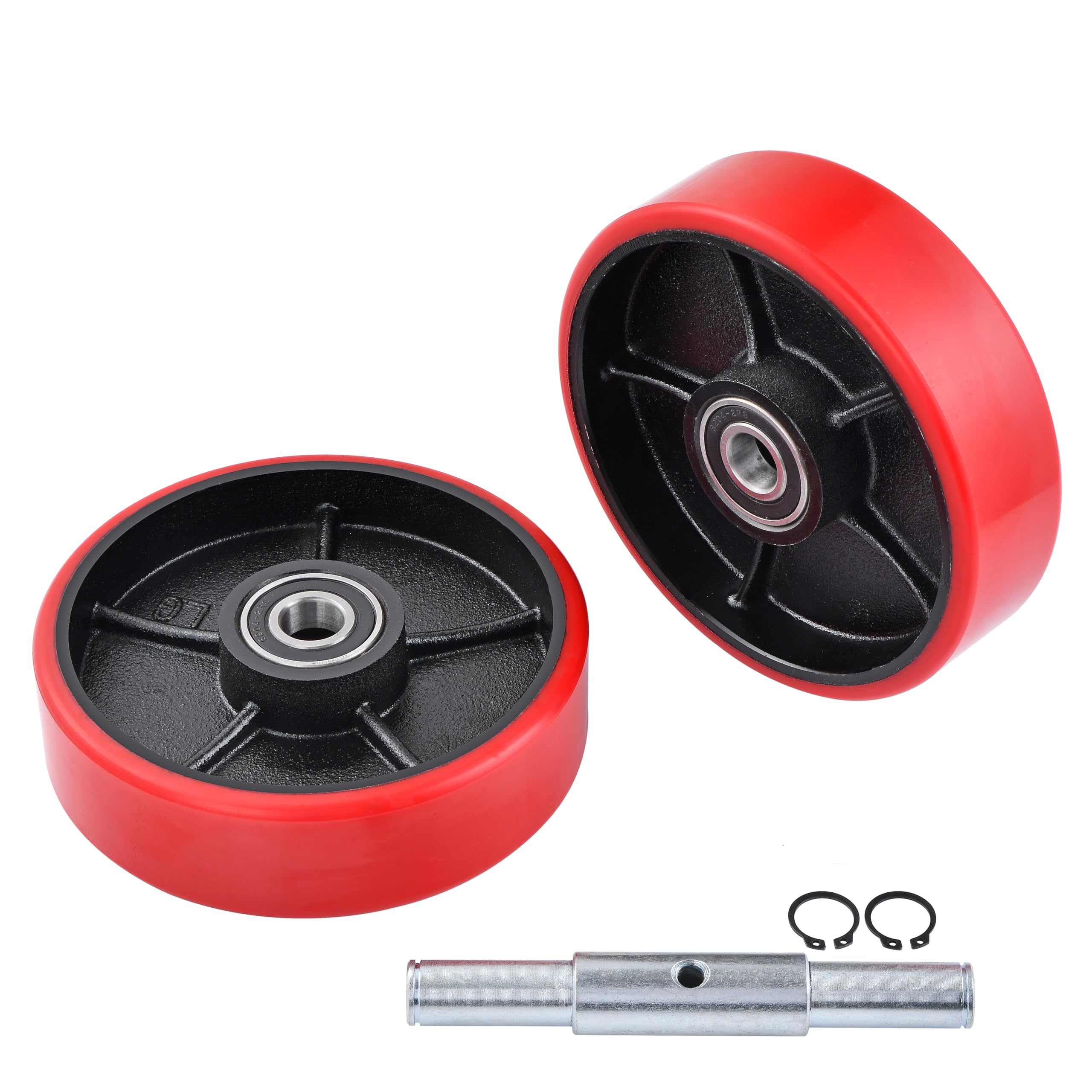 A Pair of Pallet Jack Steering Wheels 180 × 50 mm (7 × 2") Poly Tread Red color,