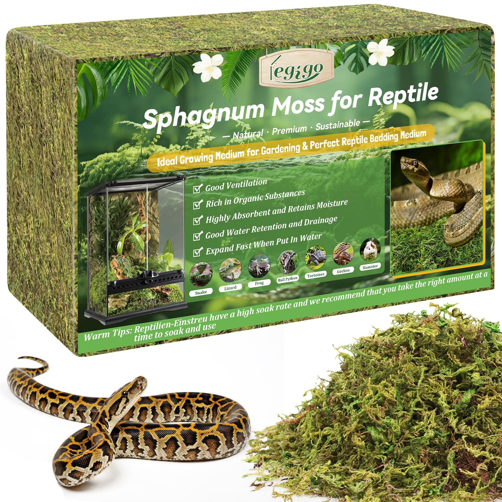 Legigo 2.6LB Natural Sphagnum Moss for Reptile Terrarium Substrate Bedding | 50Q