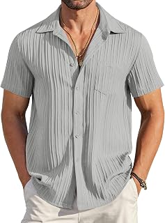 COOFANDY Men's Casual Button Down Shirts Short Sleeve Textured Summer Beach Shirt with Pocket