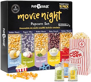 Popcorn Movie Night Supplies Popcorn Kernels Popcorn Seasoning 16 Pack, 5 Gourmet Popcorn Kernels, 5 Popcorn Seasoning Variety Packs Non-GMO Snacks, Includes 6 Bags, Gift Basket Idea