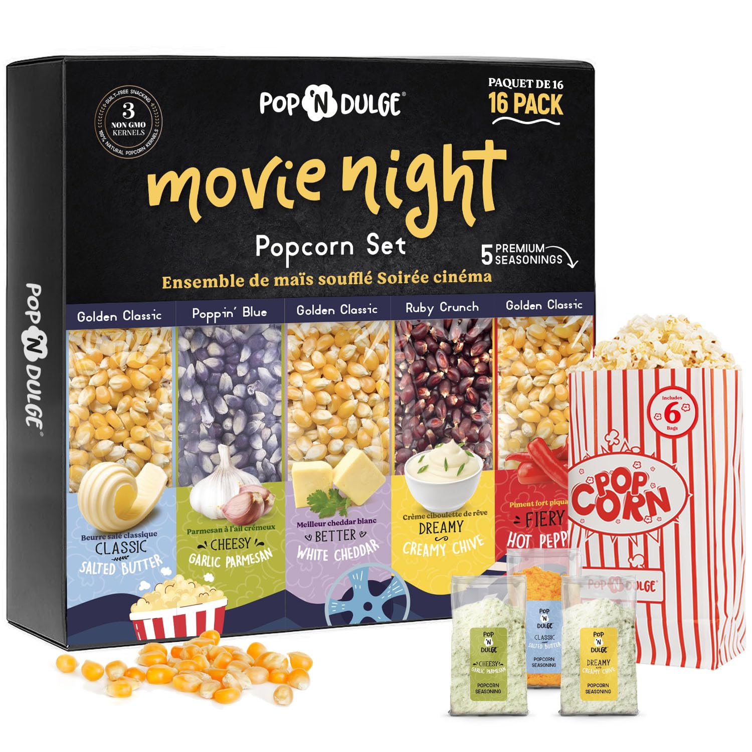 Popcorn Movie Night Supplies Popcorn Kernels Popcorn Seasoning 16 Pack, 5 Gourme