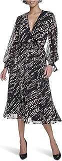 Calvin Klein Long Sleeve V-Neck Chiffon Self Tie Midi Dress Vestido para Mujer