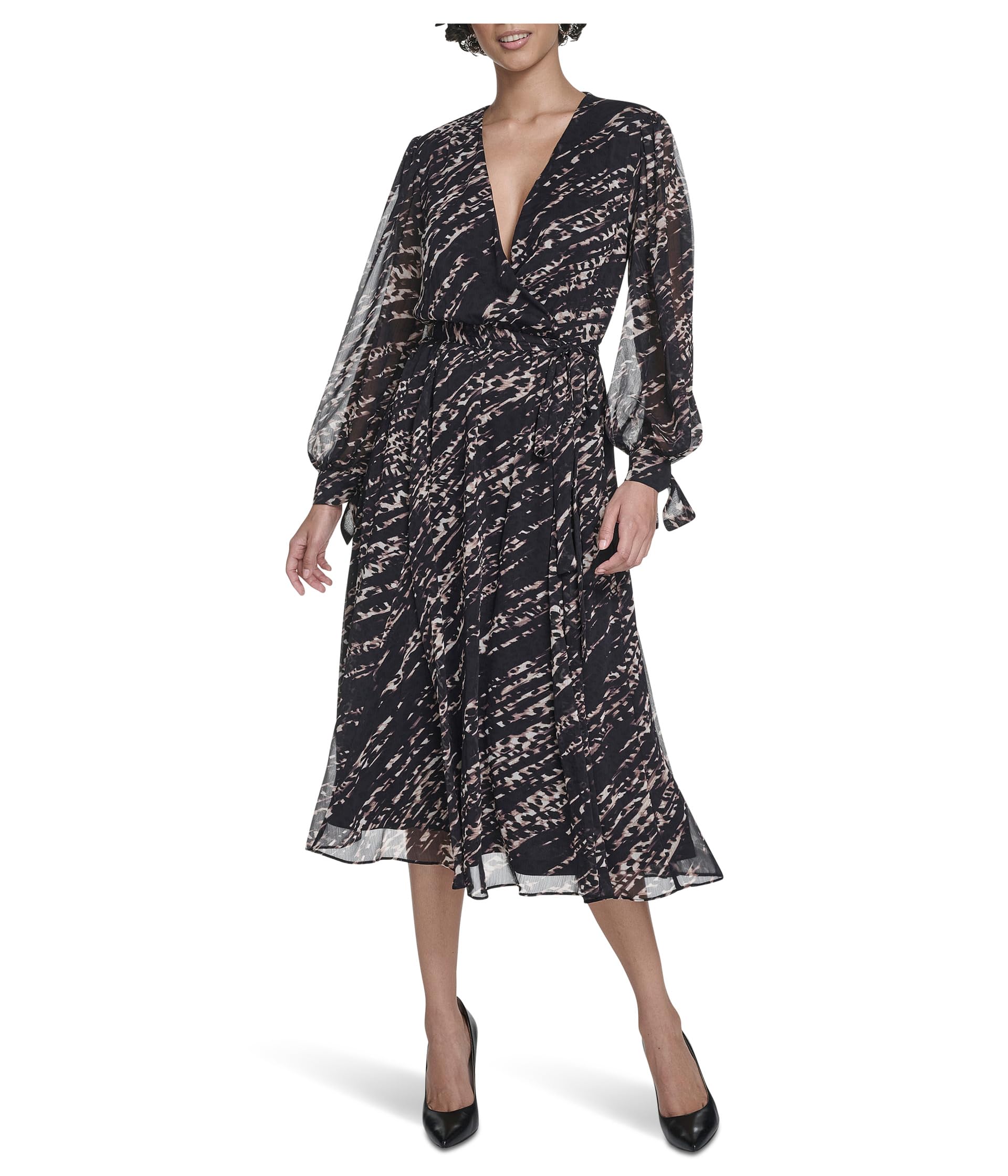 Calvin Klein Long Sleeve V-Neck Chiffon Self Tie Midi Dress Vestido para Mujer