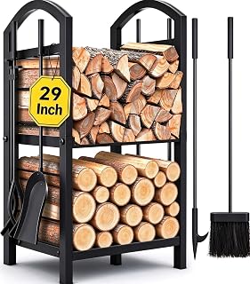 AMAGABELI GARDEN & HOME 29in Firewood Rack Indoor with Tools 5-Piece Fireplace Tools Set Wood Holder Outdoor Wrought Iron Log Holder Firewood Storage Rack for Fireplace,Fire Pit,Wood Stove Black