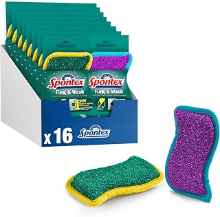 Spontex Flex & Wash Reusable Washing Up Sponges | Dual Sided Microfibre Sponge for Wiping and Scrubbing | Cleaning Products for Kitchen, Bathroom & Home | 8 x 2 Pack (16 Total)