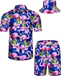 TUNEVUSE Men's Hawaiian Shirts and Shorts Set 2 Pieces Flower Print Beach Suits Summer Tropical Suit with Bucket Hats