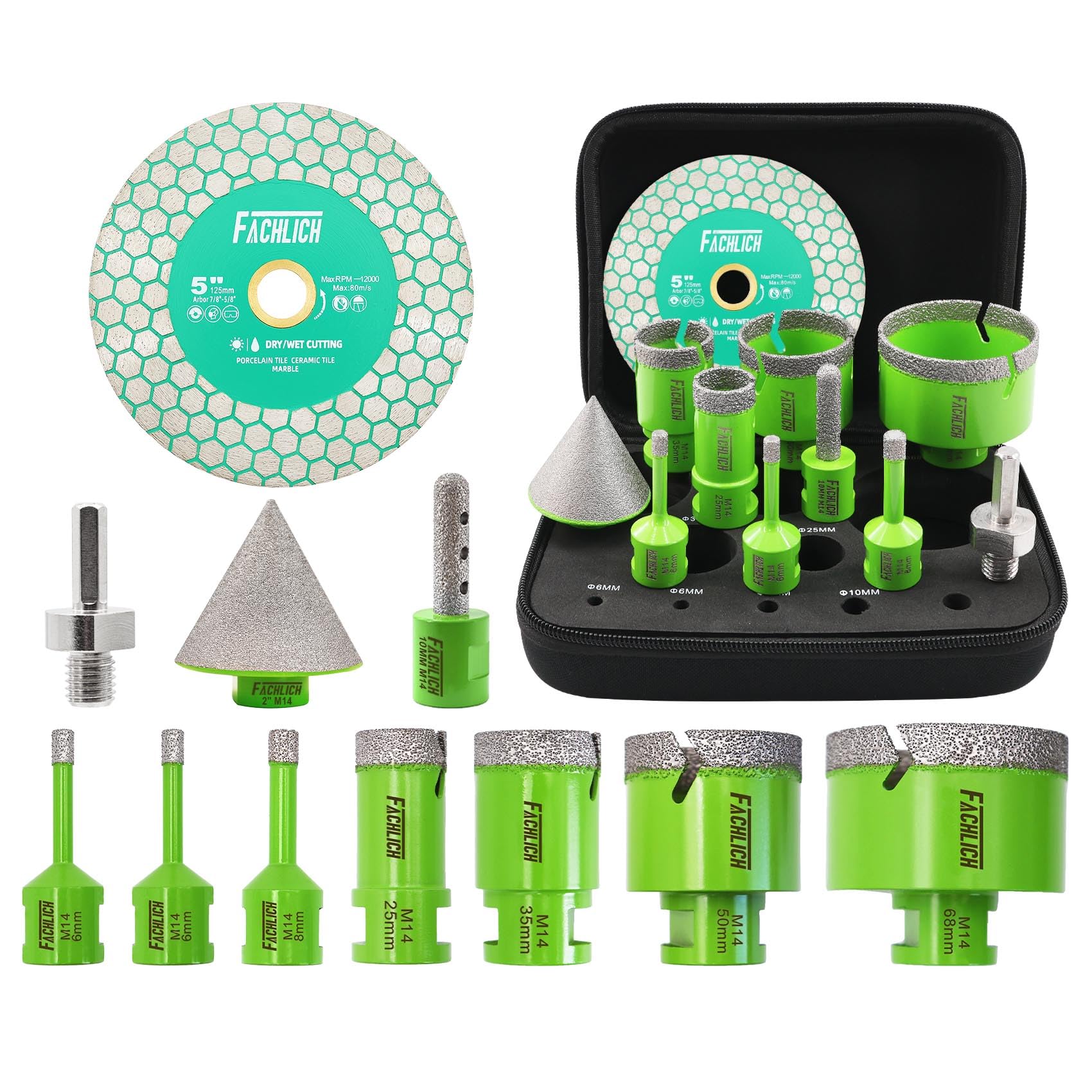 Diamond Tile Drill Bit Set - FACHLICH 11 pcs Ceramic Hole Saw Kit 6-68mm+10mm Fi