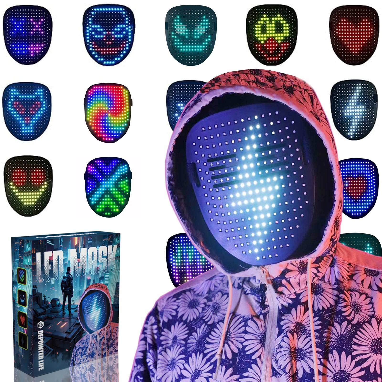 Depointer Life Led Mask with Gesture Sensing, LED Lighted Face Transforming Mask