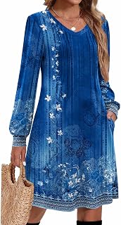 Zeagoo Fall Dresses for Women Long Sleeve Casual Pleated V Neck Dress 2026 A Line Tunic Dress