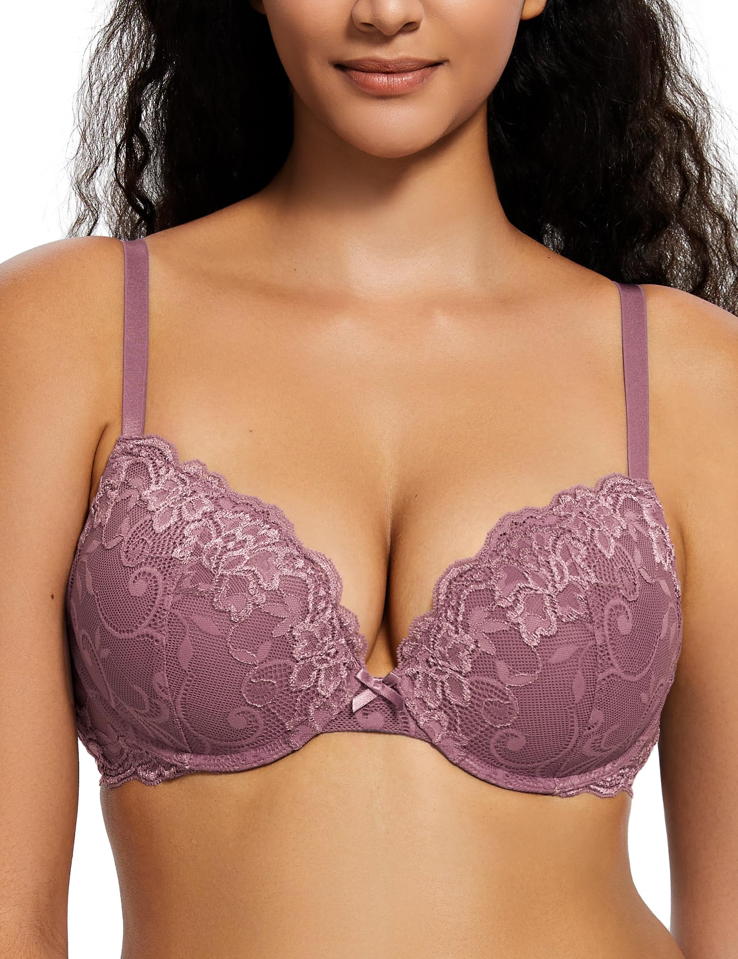 Deyllo Women's Push Up Lace Bra Sexy Deep V Lift Up Bra Underwire Padded Comfort