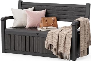 Outdoor Bench Storage Deck Box,120 Gallon Waterproof Wicker | Patio Furniture Seating Lockable Package Delivery Box & Toy Cabinet for Garden Cushions and Pool Supplies（Black）