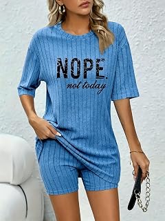 Women's Short Sleeve and Ribbed Shorts Set, Casual Nightwear for Home, Travel and Daily Relaxation, 2 Pieces