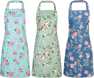 Auidy_6TXD 3 Pack Floral Aprons for Women, Kitchen Aprons with 2 Pockets | Vintage Rose Floral Apron Adjustable Kitchen Chef Apron for Cooking Baking Gardening Apron Gift for Mom Wife Sister Grandma