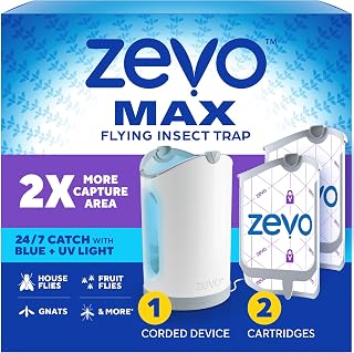 Zevo MAX Bug Catcher, Gnat & Fruit Fly Trap Indoors, 1 Base & 2 Refills | 360° Blue + UV Light Trap for Large Rooms, Fits 2x Fruit Flies & Gnats Than Original Zevo Trap, Indoor Odor-Free Fly Control