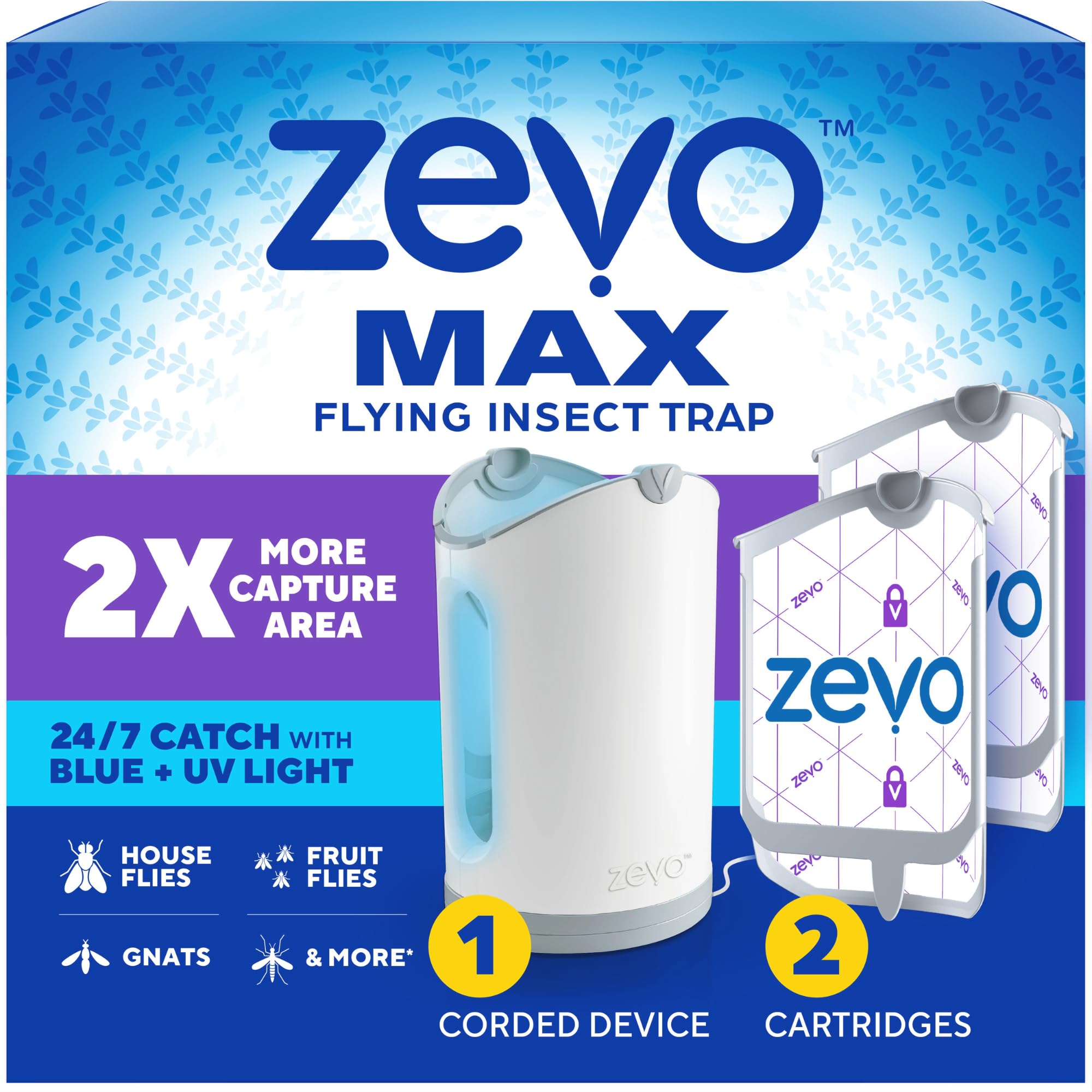 Zevo MAX Bug Catcher, Gnat & Fruit Fly Trap Indoors, 1 Base & 2 Refills | 360° B