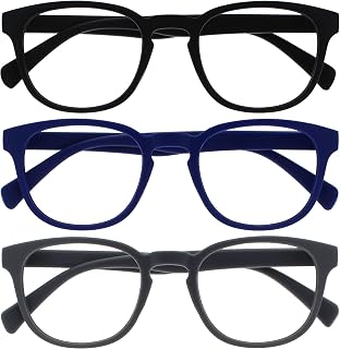 OPULIZE POP Reading Glasses for Women Men,Scratch Resistant Round Matt Frame with Spring Hinges, Black, Blue, Grey +3.00 (Pack of 3)