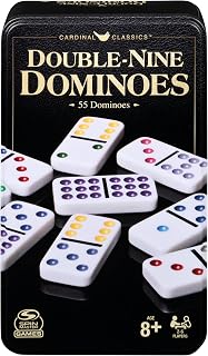 Spin Master Games Double 9 Dominoes Set in Storage Tin Classic Tile Game | Includes 55 Dominoes, Easy-to-Read Color-Coded Pips, Teaches Math & Matching Skills, Family Game Night, 2-6 Players, Ages 8+