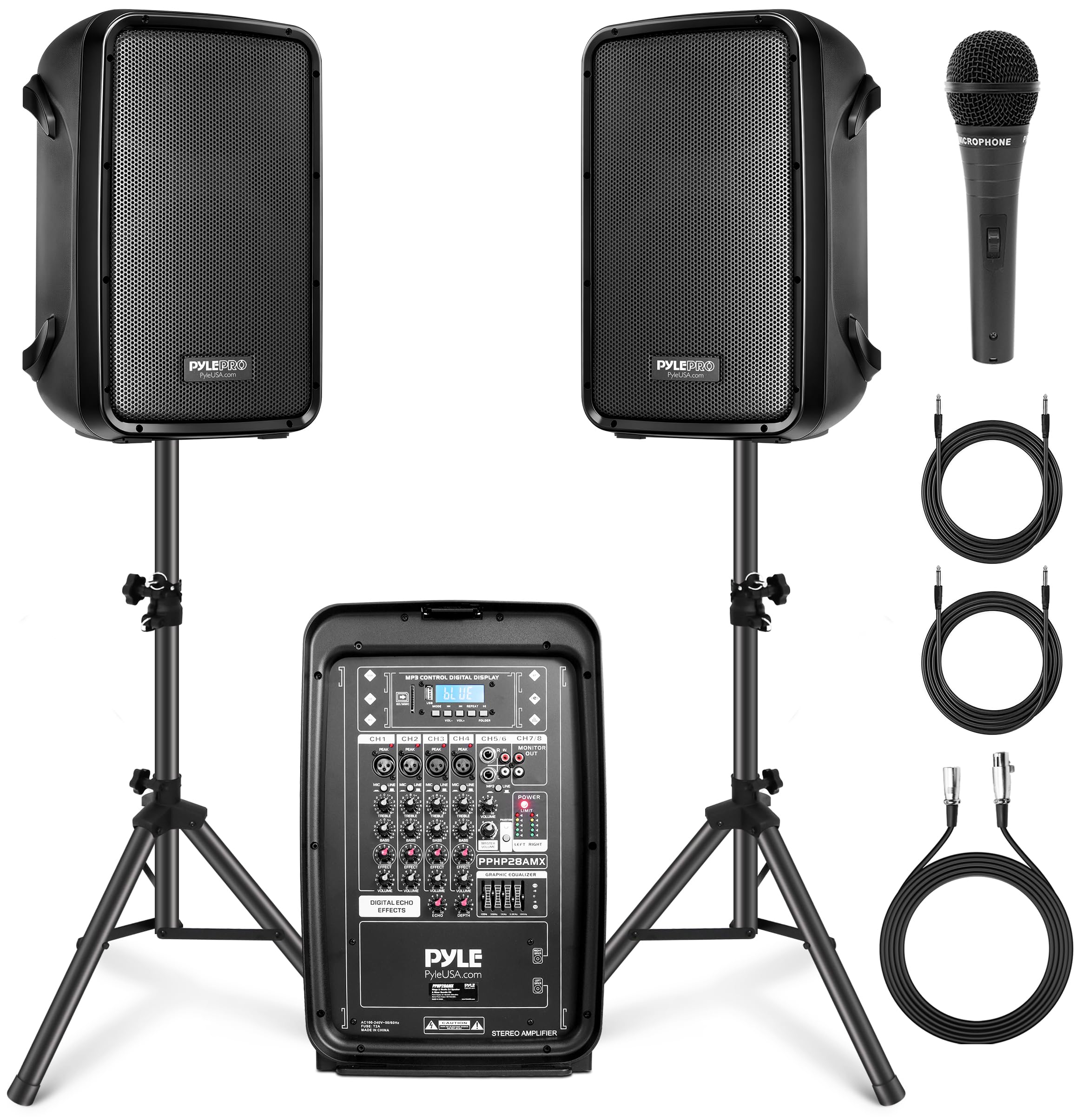 Pyle PA Speaker DJ Mixer Bundle - 300 W Portable Wireless Bluetooth Sound System