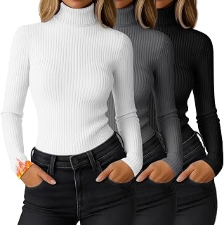 Ficerd 3 Pack Women's Ribbed Thermal Turtleneck Long Sleeve Tops