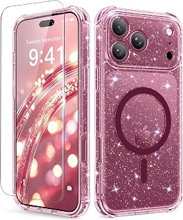 BERFY for iPhone 18 Pro Max Case/iPhone 17 Pro Max Case for Women 6.9" | Compatible with MagSafe, Shockproof Cute Glitter Clear Phone Case with Screen Protector, Anti-Yellowing, Sparkle Burgundy