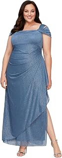 Alex Evenings Long Glitter Mesh Cold Shoulder Dress