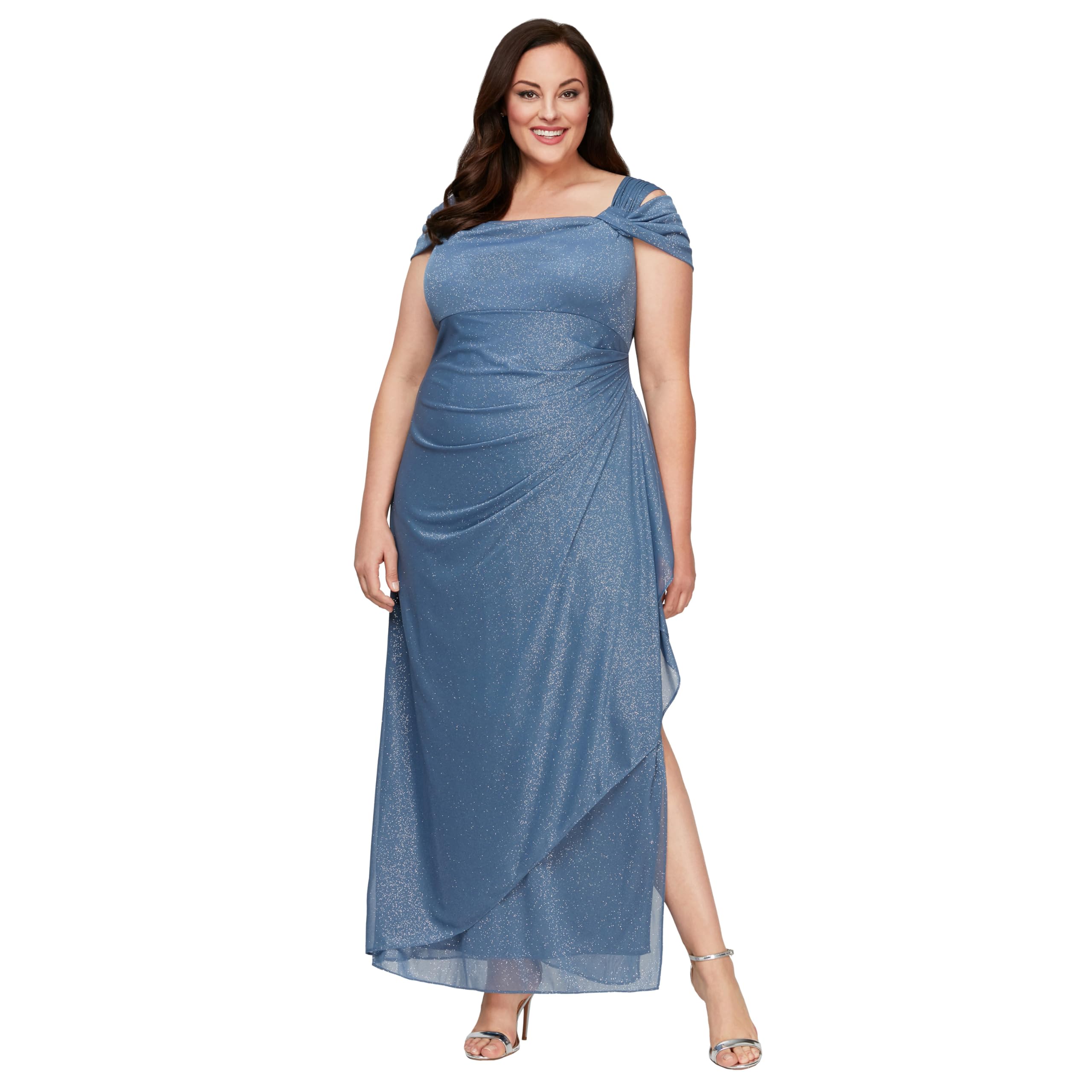 Alex Evenings Long Glitter Mesh Cold Shoulder Dress