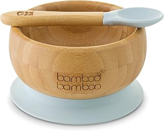 Baby Bowls - Bamboo Suction Weaning Bowl & Spoon Set, Stays Put (Grey)