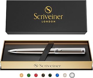 Scriveiner Stainless Steel Ballpoint - Stunning Luxury Pen with Stainless Steel Finish, Schmidt Black Refill, Best Ball Pen Gift Set for Men & Women, Professional, Executive, Office, Nice Pens