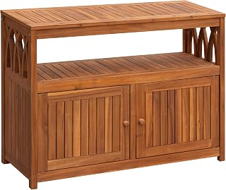 Flamaker Acacia Wood Outdoor Storage Cabinet,Waterproof Potting Table,Brown | Outdoor TV Stand, Bar Table with 2 Magnetic Doors,42''L x 14''W x 32''H