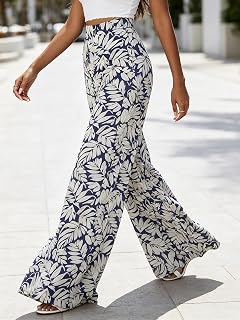 Women's Wide Leg Pants High Waist Flowing Digital Leaf Print Sheer Loose Full Length Casual Pants